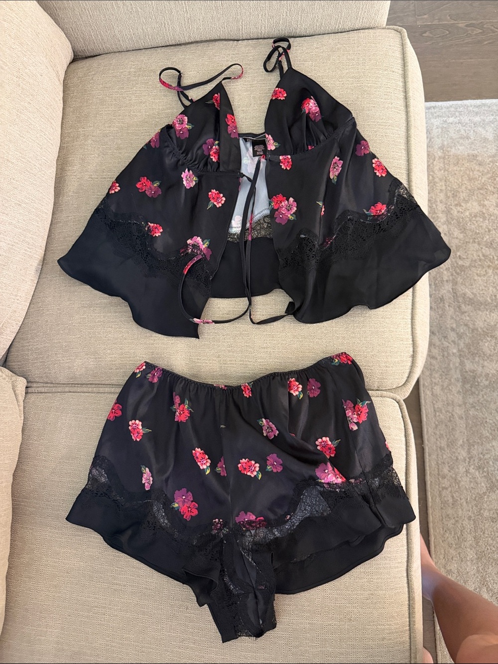 Victoria's Secret Black Satin Floral Lace Cami & Shorts Set